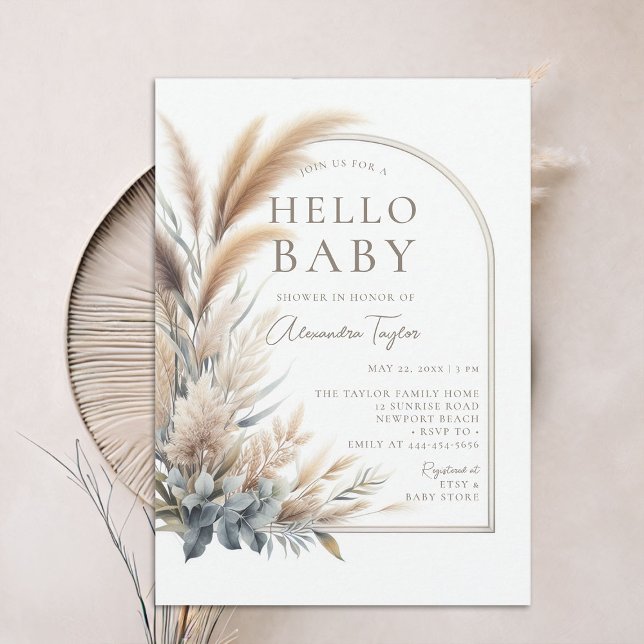 Convite Chá de fraldas Neutro de Boho Botânico Pampas Gras (pampas grass hello baby shower invitation gender neutral watercolor greenery botanical foliage boho )