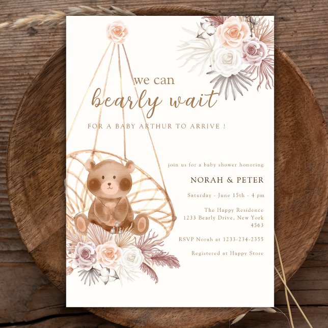 Convite Chá de fraldas Neutro de Boho Teddy Bear (Gender Neutral Boho Teddy Bear Baby Shower Invitation)