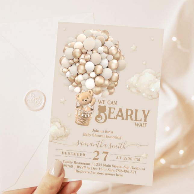 Convite Chá de fraldas neutro de Espera do Balão do Urso d (Criador carregado)