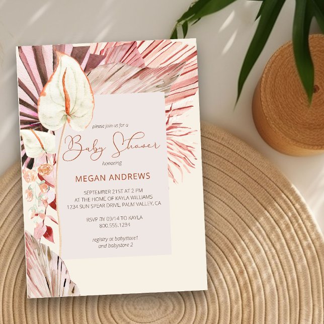 Convite Chá de fraldas Neutro de Folhagem Seca de Boho Pal (Neutral Baby Shower Invitation with boho palm leaves)