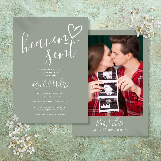 Convite Chá de fraldas Neutro de Foto Verde do Heaven Sage (Heaven Sent Sage Green Photo Neutral Baby Shower Invitation)