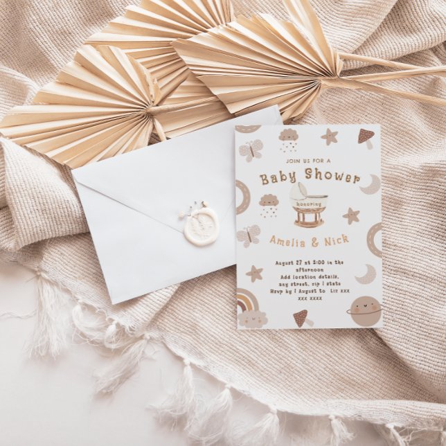 Convite Chá de fraldas neutro de gênero Boho Bassinet míni (Criador carregado)