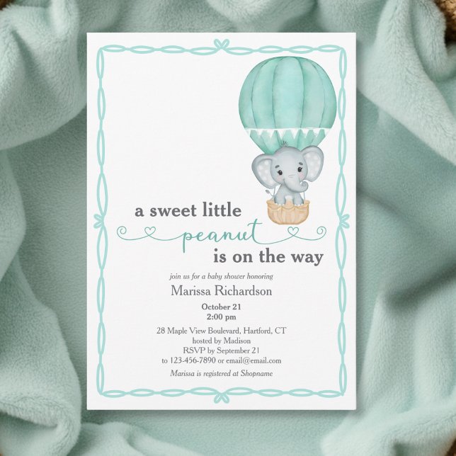 Convite Chá de fraldas Neutro de Gênero do Elefante Verde (elegant sweet little peanut green elephant balloon gender neutral baby shower invitation card)