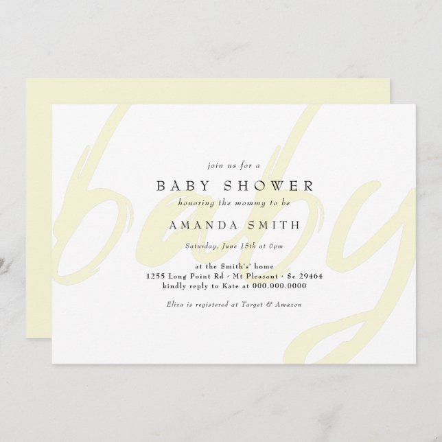 Convite Chá de fraldas Neutro de Gênero Mínimo Amarelo Pas (Frente/Verso)