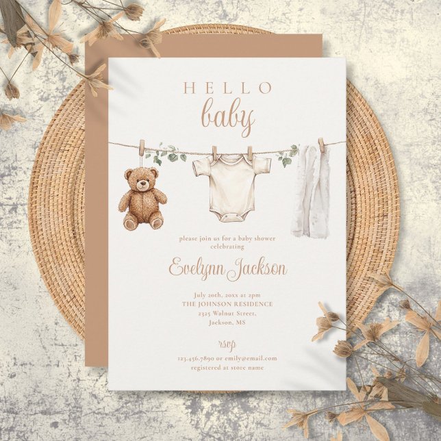Convite Chá de fraldas Neutro de Linha de Fechamento de Aq (Watercolor Clothesline Neutral Baby Shower Invitation)