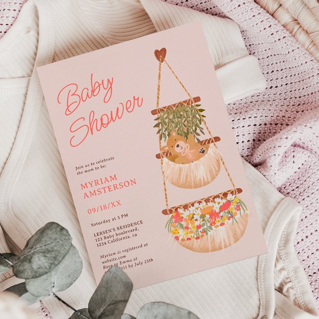 Convite Chá de fraldas neutro de sexo (Cute boho teddy bear gender neutral baby shower invitation on pastel pink)