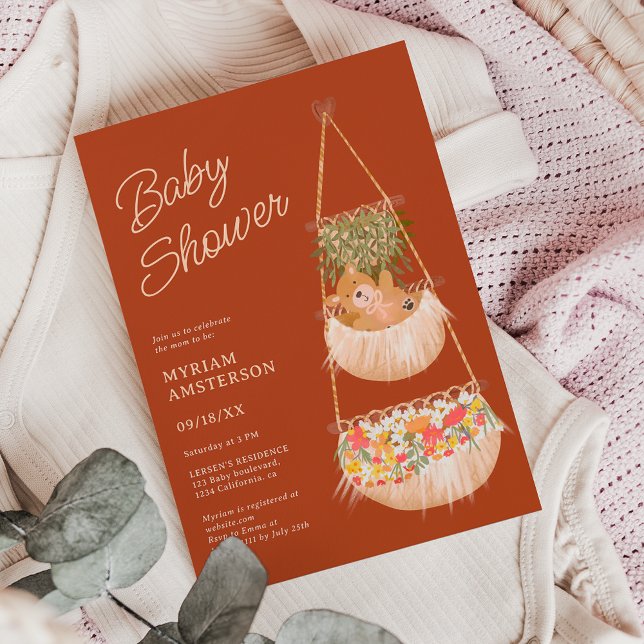 Convite Chá de fraldas neutro de sexo (Cute boho teddy bear gender neutral baby shower invitation on terracotta)