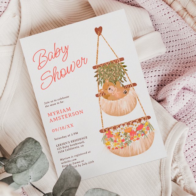 Convite Chá de fraldas neutro de sexo (Cute boho teddy bear gender neutral baby shower invitation)
