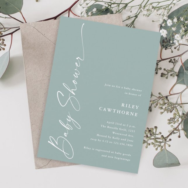 Convite Chá de fraldas neutro de sexo de script simples (Simple script sage green gender neutral  boho baby shower invitation.)