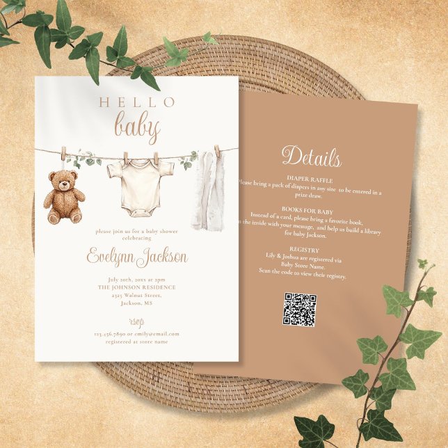 Convite Chá de fraldas Neutro De Vínculo Sexo Todos Em Um (Clothesline Gender Neutral Baby Shower All In One Invitation)