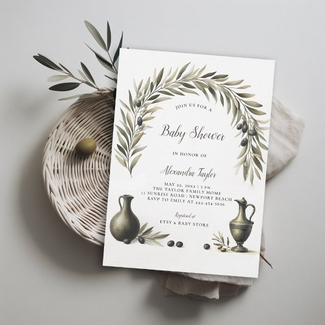 Convite Chá de fraldas Neutro do Arco do Bordo da Oliveira (olive branch gender neutral baby shower invitation boho arch watercolor modern minimalist elegant)