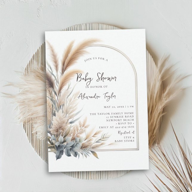 Convite Chá de fraldas Neutro do Arco Verde Pampas (pampas grass baby shower invitation gender neutral watercolor greenery botanical foliage simple boho)