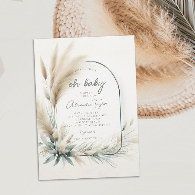 Convite Chá de fraldas Neutro do Arco Verde Sage Pampas Gr (pampas grass oh baby shower invitation gender neutral watercolor greenery botanical foliage boho )
