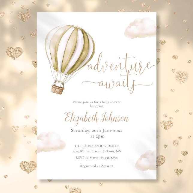Convite Chá de fraldas Neutro do Balão de Ar Quente da Adv (Adventure Hot Air Balloon Neutral Baby Shower Invitation)