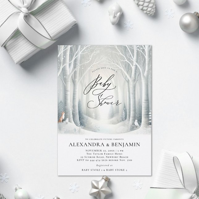 Convite Chá de fraldas Neutro do Coed da Floresta Solar de (winter baby shower invitation neutral white wonderland enchanted forest woodland fox bird cute coed )