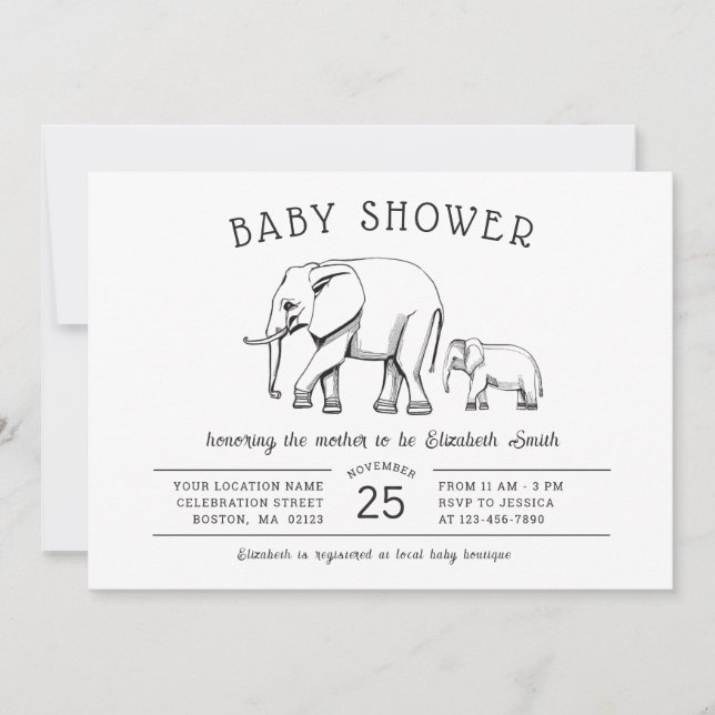 Convite Chá de fraldas Neutro do Gênero do Elefante Modern (Frente)