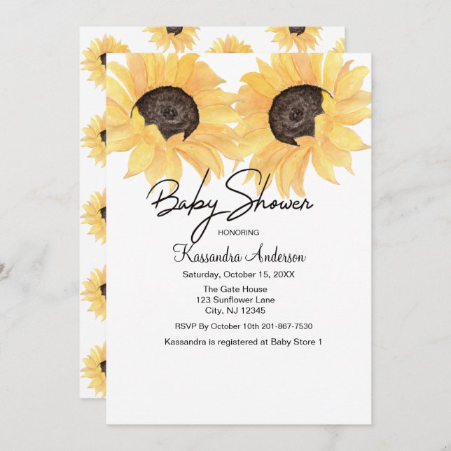 Convite Chá de fraldas neutro do género do girassol da (Frente/Verso)