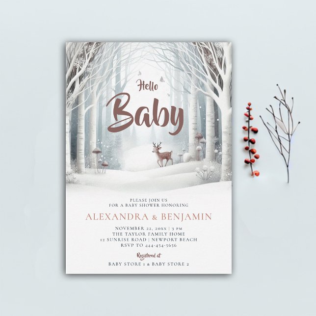 Convite Chá de fraldas neutro do gênero na floresta de inv (winter baby shower invitation neutral white wonderland enchanted forest woodland deer cute coed chic)