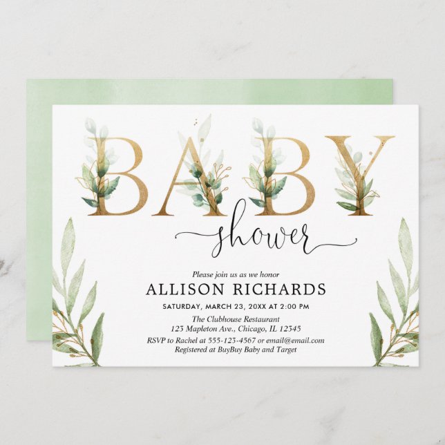 Convite Chá de fraldas neutro do ouro verde das hortaliças (Frente/Verso)