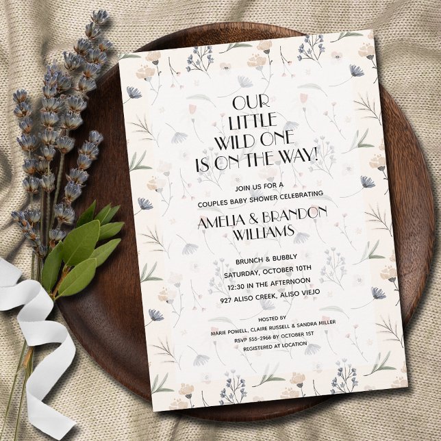 Convite Chá de fraldas Neutro Floral Selvagem (Wild One is on the Way! Wildflowers on ivory baby shower invitations INSTANT DOWNLOAD & PRINTED)