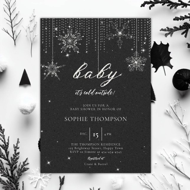 Convite Chá de fraldas Neutro Frio de Neve Frio Glitter Ex (baby its cold outside baby shower invitation rhinestone glitter sparkle snowflakes black neutral)