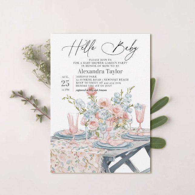 Convite Chá de fraldas Neutro Moderno Elegante do Jardim d (garden party baby shower invitation summer watercolor painted neutral modern elegant classy stylish)