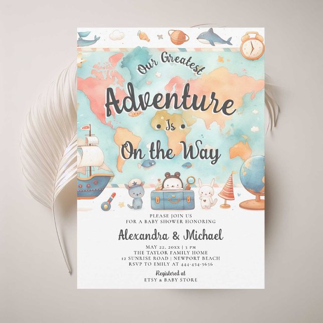 Convite Chá de fraldas neutro para Casais de maior risco (adventure couples baby shower invitation cute world map watercolor coed gender neutral cute adorable)