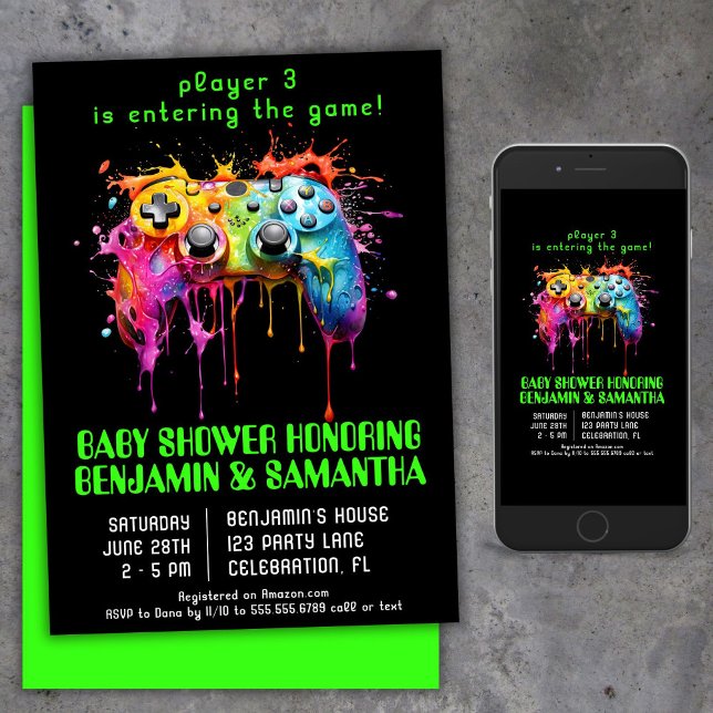 Convite Chá de fraldas neutro para jogadores de vídeo (Criador carregado)