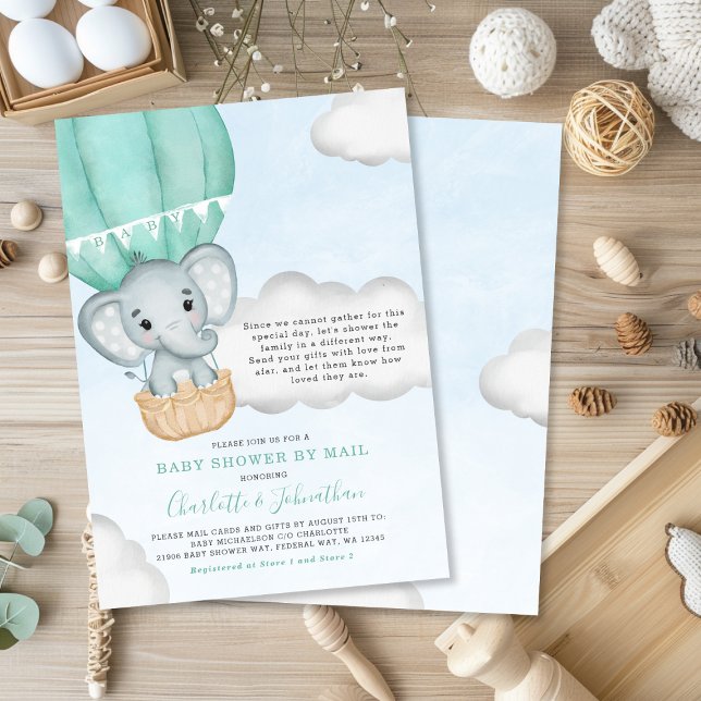 Convite Chá de fraldas Neutro Por Mail Elephant Mint Green (Neutral Baby Shower By Mail Elephant Mint Green Invitation)