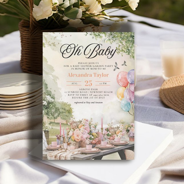Convite Chá de fraldas Neutro Russo Elegante do Jardim de  (garden party baby shower invitation summer watercolor painted neutral modern elegant rustic)