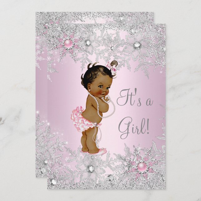 Convite Chá de fraldas Neve Floco de Neve, Garota Rosa Doc (Frente/Verso)