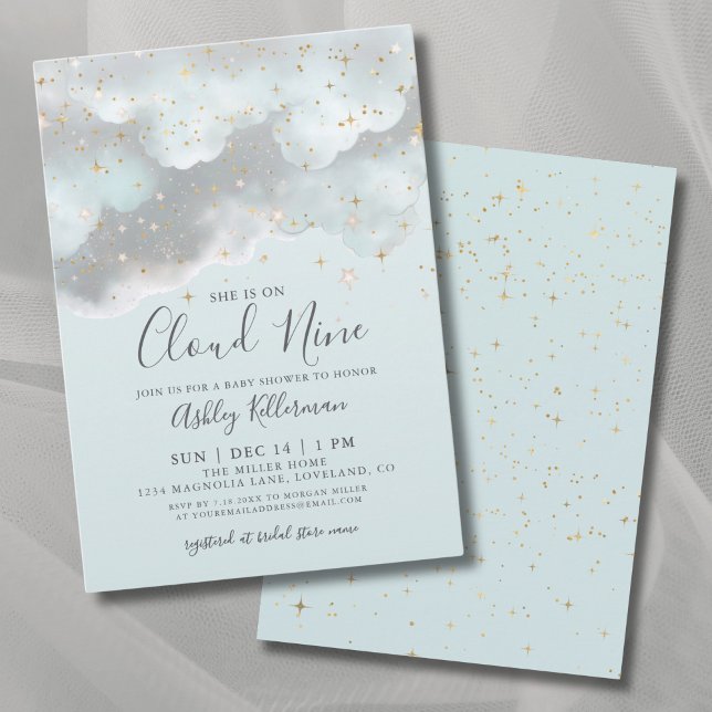 Convite Chá de fraldas Nine da Nuvem de Aquarela Azul (Blue Watercolor Cloud Nine Baby Shower Invitation)