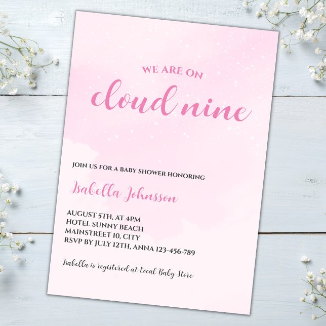 Convite Chá de fraldas Nine Pink Clouds Baby Girl (cloud nine baby girl shower invitation pink clouds)