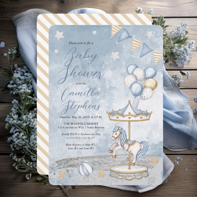 Convite Chá de fraldas Nostálgico do Carrossel Costeiro (Nostalgic Coastal Carousel Themed Boy Baby Shower Invitation - Print | Digital Download)
