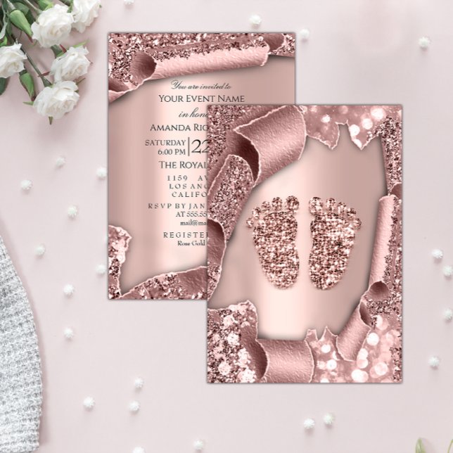 Convite Chá de fraldas Novo Garota Com Glama Rosa Blush3D (Baby Shower New Girl Boy Feet Glam Rose Blush3D Invitation)