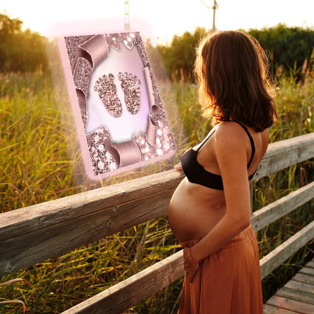 Convite Chá de fraldas Novo Menino Glama de Pés Rosa de Ga (Baby Shower New Girl Boy Feet Glam Rose Pastel 3D Invitation)