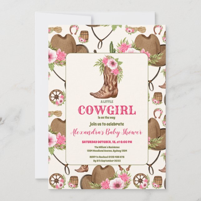 Convite Chá de fraldas Ocidental de Cowgirl Rosa (Frente)