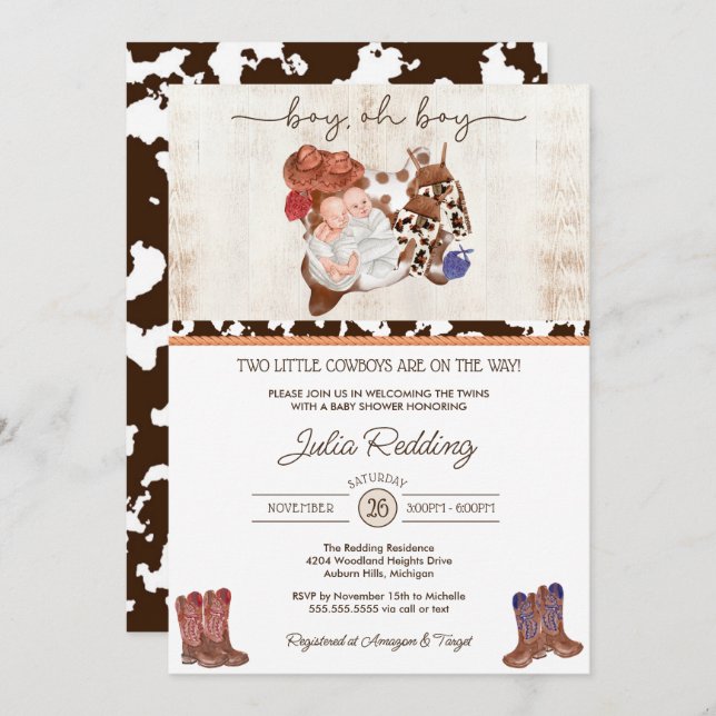 Convite Chá de fraldas Ocidental dos Gêmeos Pequenos Cowbo (Frente/Verso)