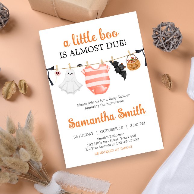 Convite Chá de fraldas Orange Little Boo (A Little Boo Is Almost Due Clothesline Baby Shower Invitation)