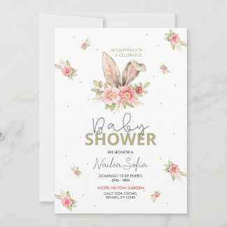Convite Chá de fraldas Orejas de Conejo Rosa y Flores