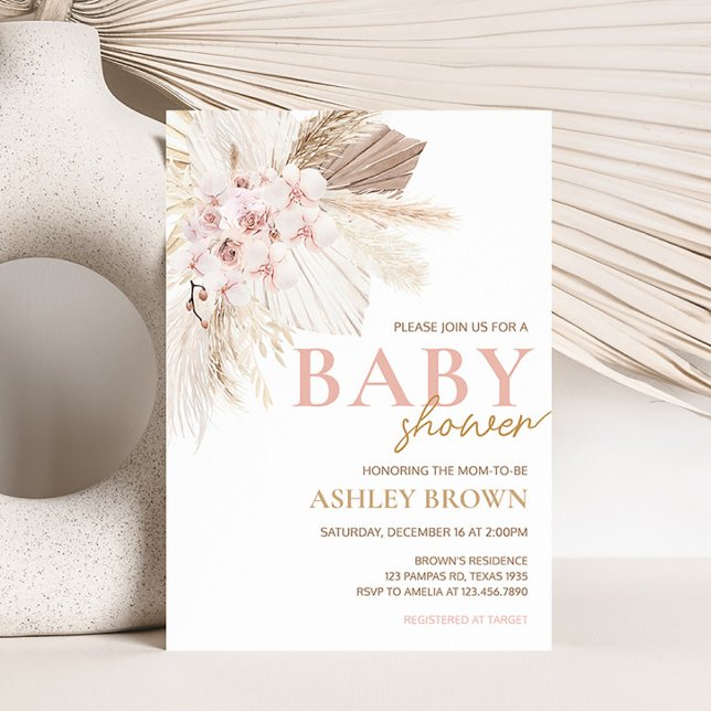 Convite Chá de fraldas Pampas Boho Floral Rosa (Girl Pampas Grass Baby Shower Invitation)