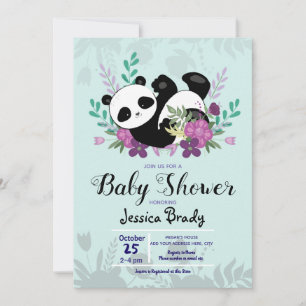 Convite Chá de fraldas Panda com Flores Roxas