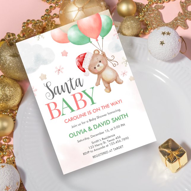 Convite Chá de fraldas papais noeis (Santa Baby Bear Baby Shower Invitation)
