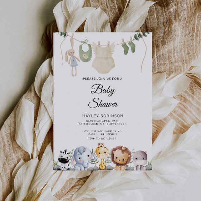 Convite Chá de fraldas para bebês | Prendendo Vestuário Do (Baby Animal Baby Shower | Hanging Baby Clothing Invitation)