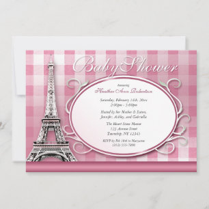 Convite Chá de fraldas parisiense Gingham, cor-de-rosa, t