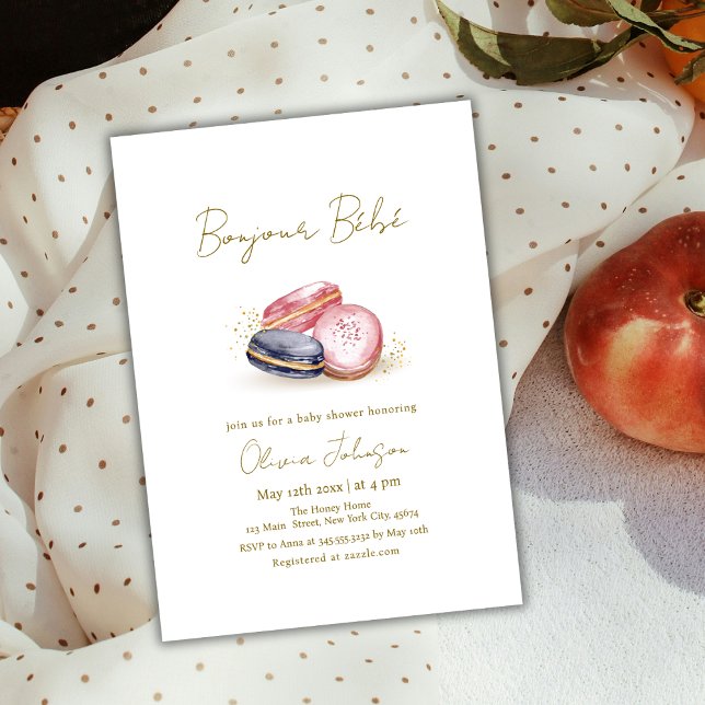 Convite Chá de fraldas Pastel Bonjour Bébé francês Macaron (Pastel Bonjour Bébé French Macarons Baby Shower Invitation)