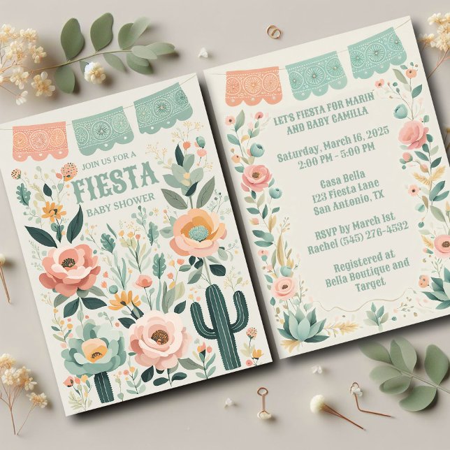 Convite Chá de fraldas Pastel Mexicano Fiesta (Soft pastels and festive florals make this Mexican fiesta invitation perfect for a baby shower!)