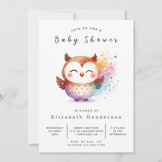 Convite Chá de fraldas Pastel Online Owl (Frente)
