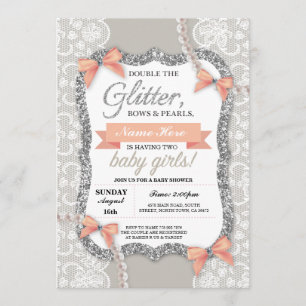 Convite Chá de fraldas Peach Glitter Arco Twins Girls Con