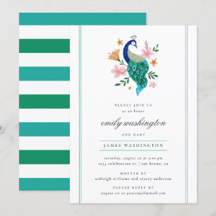 Convite Chá de fraldas Peacock de Aquarela Elegante